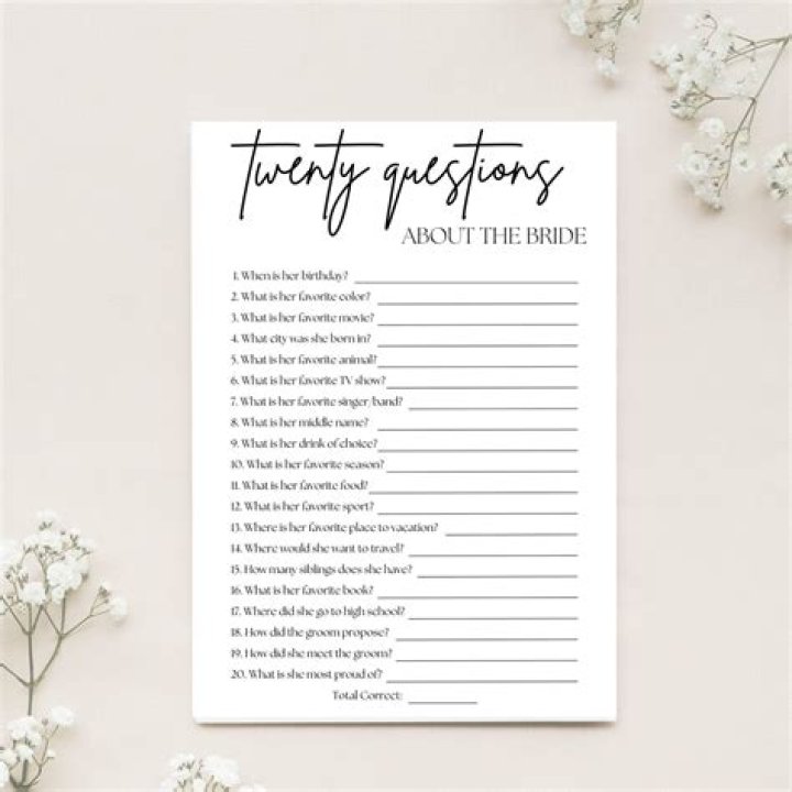 20 Questions For the Bride Bachelorette party games, Bride game