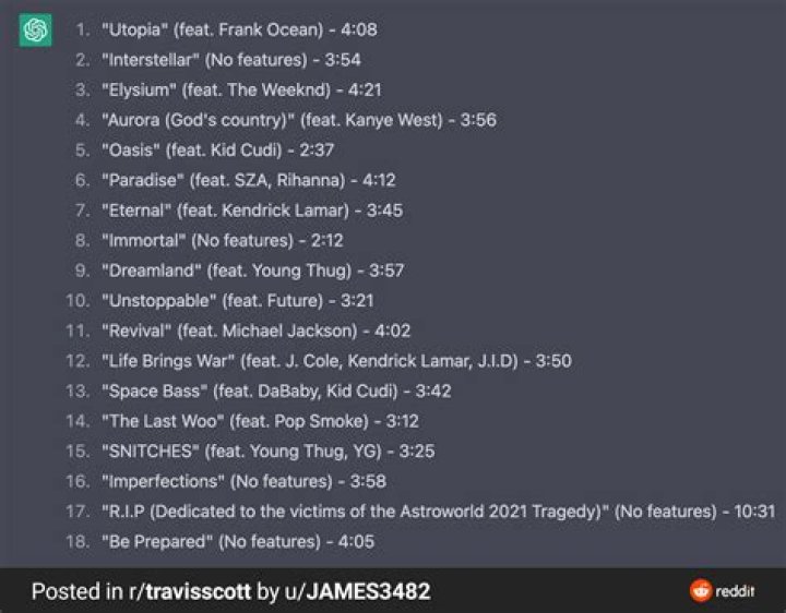 A.I. generated Utopia tracklist, 2 thugger features😳 r/YoungThug