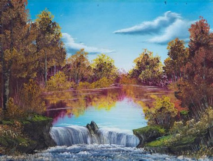 Bob Ross Authentic, Original Waterfall Oil Painting Contemporary Art