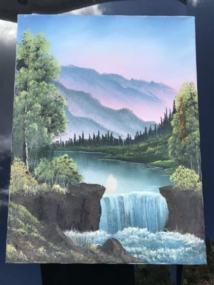 Bob Ross Mountain Waterfall, Signed Original Painting Contemporary