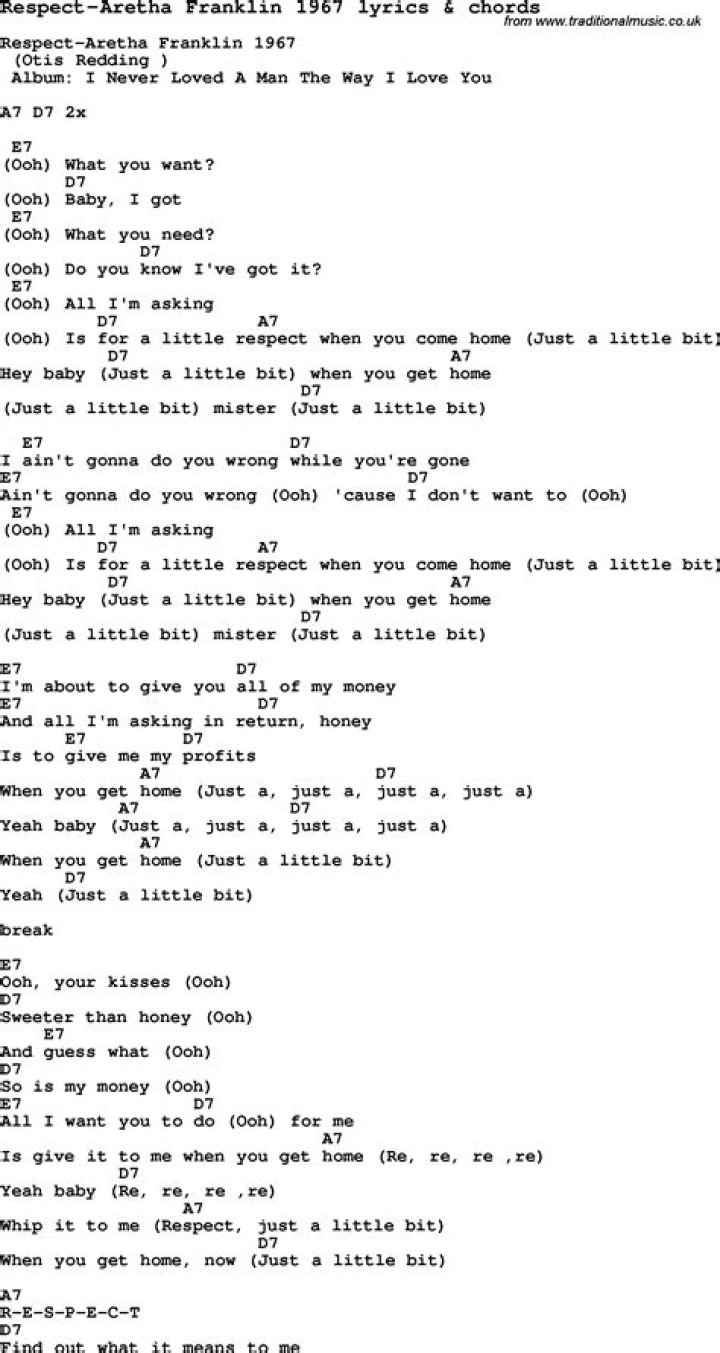 Love Song Lyrics forRespectAretha Franklin 1967 with chords.