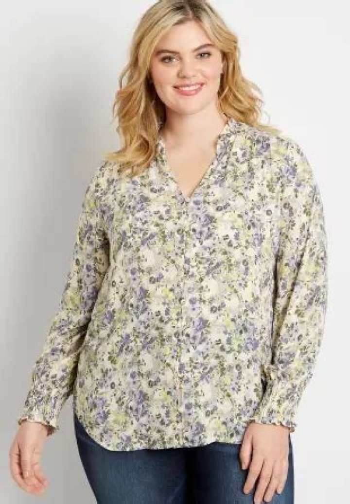 Maurices Yellow Floral Button Down Ruffle Neck Blouse worn by Robyn