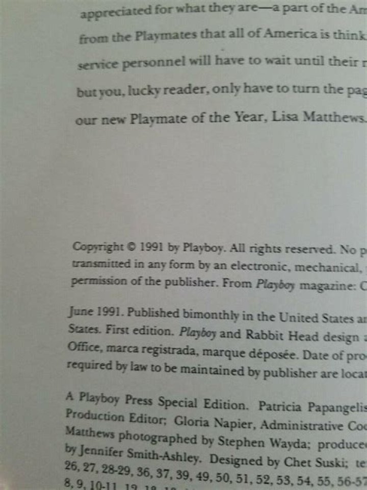 Playboy Magazine June 1991 Playmate Of The Year Lisa Matthews