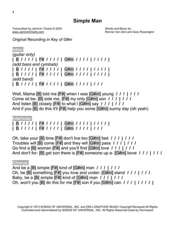 Simple Man Lyrics on Sheet Music Picture Free Shipping Etsy